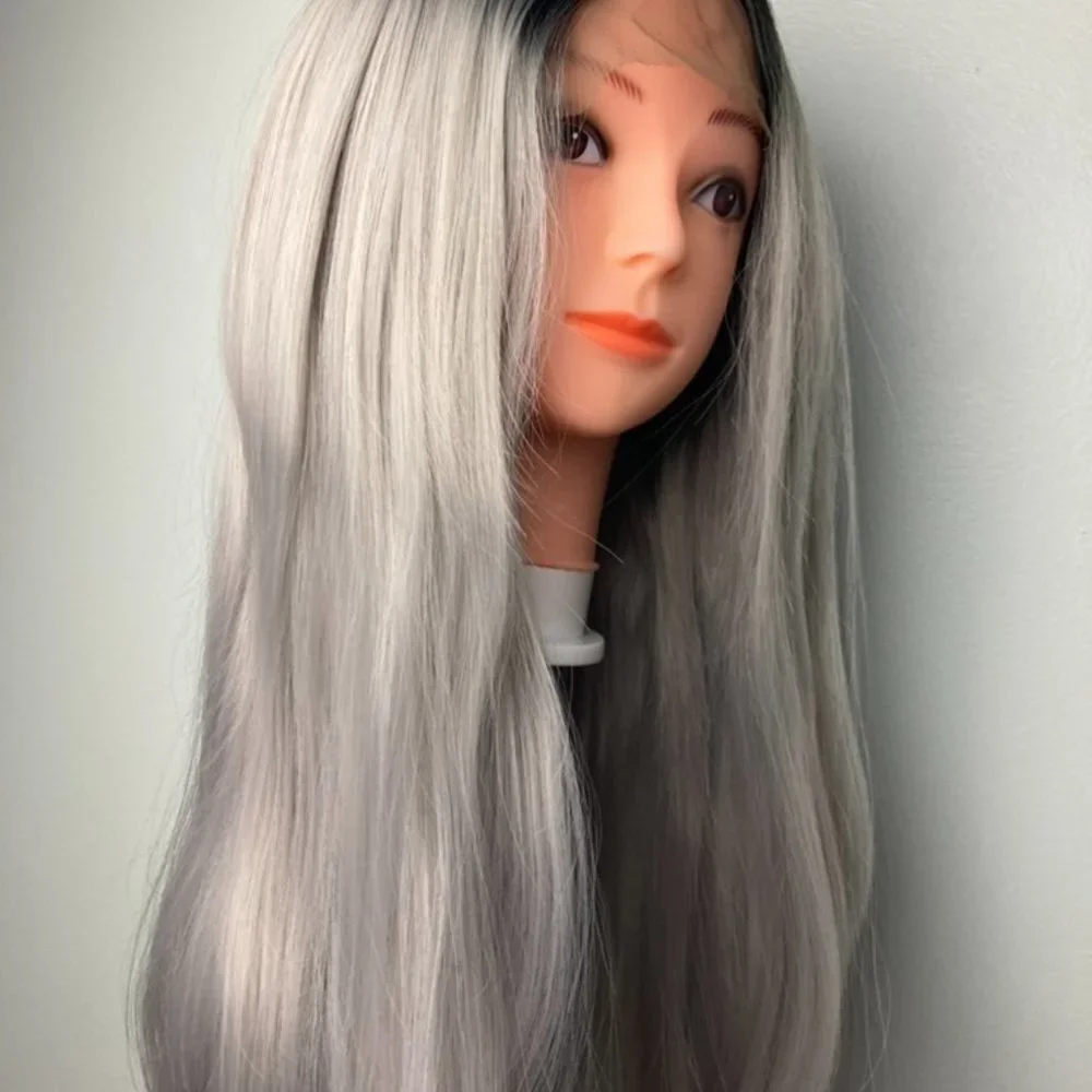 Silver Gray Black Rooted Lace Front Wig